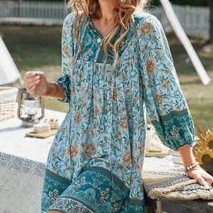Women V Neck Long Sleeve Flower Print Drawstring Swing Loose Fit Tunic Short